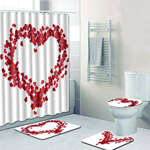 4 Piece Bathroom Set,Red Love Heart Waterproof Shower Curtain Non-Slip Contour Rug Toilet Lid Cover and Bath Mat - EK CHIC HOME