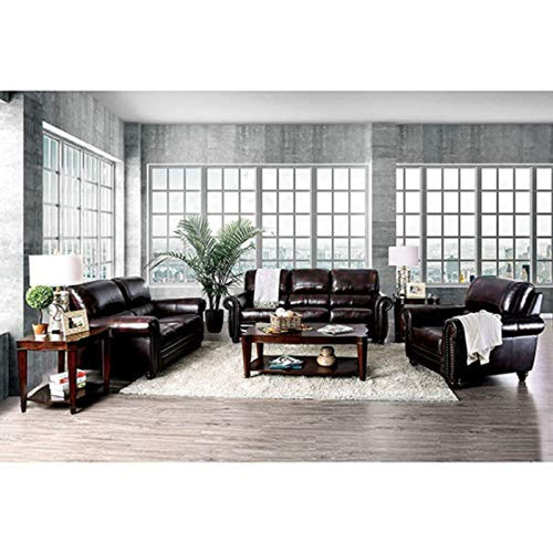 Contemporary Look Brown Leather Nailhead Trim 3pc Sofa Set Living Room Furniture - EK CHIC HOME