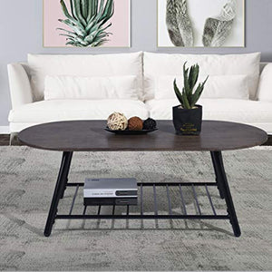 Coffee Table Wooden Industrial Feel Round Cocktail Table with Lower Metal Frame - EK CHIC HOME