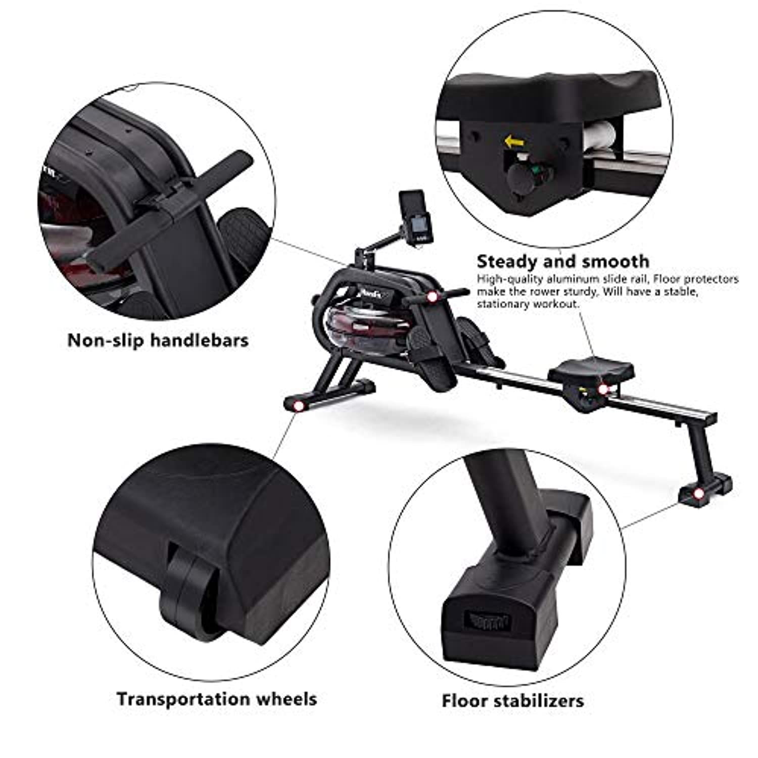 Water Rower Rowing Machine - Exercise with iPad and Phone Support LCD