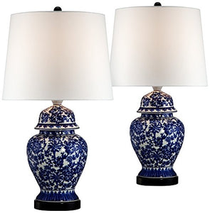 Blue and White Porcelain Temple Jar Table Lamp Set of 2 - EK CHIC HOME