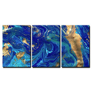 3 Piece Canvas Wall Art - Marbled Blue Abstract Background. Liquid Marble Pattern. Framed Ready to Hang - 24"x36"x3 Panels - EK CHIC HOME