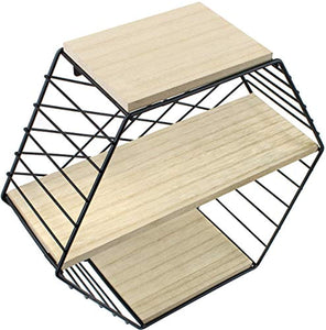 Sorbus Floating Shelves Hexagon Wall Mounted Metal & Rustic Wood Storage - EK CHIC HOME