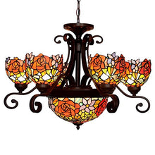 Load image into Gallery viewer, Rose Tiffany Style Stained Glass Ceiling Pendant Fixture with 9-Light Chandeliers - EK CHIC HOME
