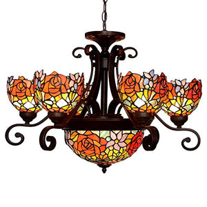 Rose Tiffany Style Stained Glass Ceiling Pendant Fixture with 9-Light Chandeliers - EK CHIC HOME