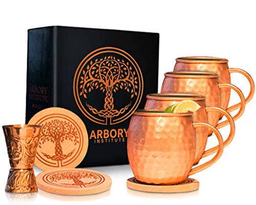 Copper Moscow Mule Mugs Set of 4 - Large 16 oz Hammered Mug – Bonus Kit Includes 4 Coasters and Jigger - EK CHIC HOME