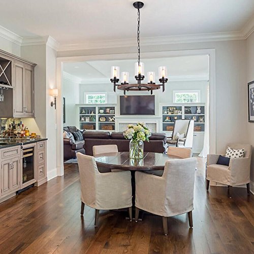 5-Lights Annular Metal Wood Pendant Lamp with Glass Rustic - EK CHIC HOME