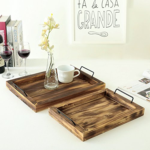 Set of 2 Country Rustic Torched Wood Finish Rectangular Serving Trays - EK CHIC HOME