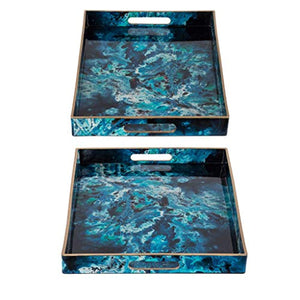 Abstract Blue Rectangular Tray, Set of 2, Multi-Color - EK CHIC HOME