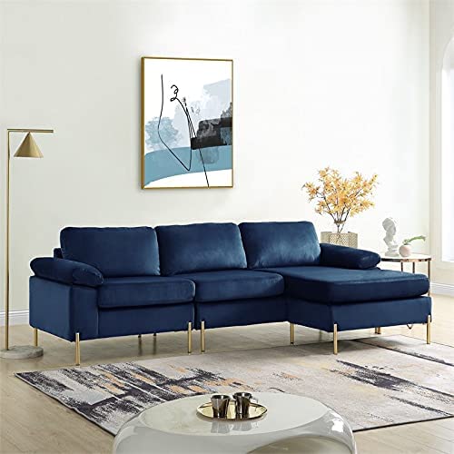 Modern Velvet Sectional Sofa in Blue/Gold Legs - EK CHIC HOME