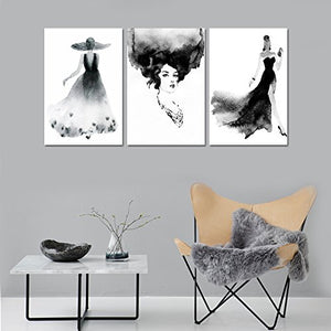 3 Pieces Elegance Lady Canvas Prints Contemporary  - 48"W x 24"H - EK CHIC HOME