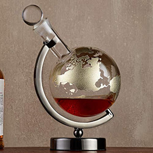 Gold Etched Globe Whiskey Decanter with Gunmetal Finish Stand - EK CHIC HOME