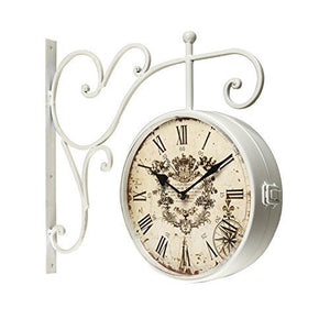 White Iron Round Double-Sided Wall Hanging Clock with Scroll Wall Mount - EK CHIC HOME