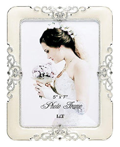 Eternity Picture Frame Silver Metal with Ivory Enamelled and Crystals 5 x 7 Inch - EK CHIC HOME
