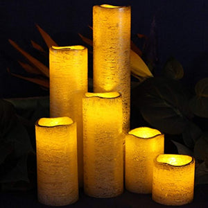 Flameless LED Candles with Timer Slim Set of 6, 2" Wide and 2"- 9" Tall, Gold Coated Wax - EK CHIC HOME