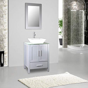 24" Grey Bathroom Vanity Cabinet and Sink Combo Glass Top MDF Wood w/Sink Faucet &Drain set - EK CHIC HOME