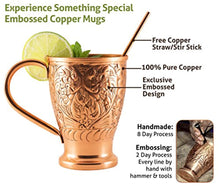Load image into Gallery viewer, Embossed Moscow Mule Copper Bundle - Includes 4 Copper Mugs and Matching Shot Glasses - EK CHIC HOME
