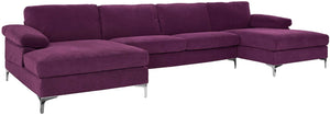 Large Velvet Fabric U-Shape Sectional Sofa, Eggplant - EK CHIC HOME