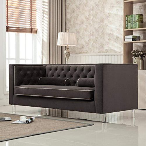 Contemporary Polyester Velvet Fabric Upholstered Button Tufted  Tuxedo Sofa - EK CHIC HOME