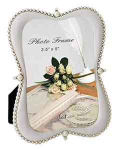 Elegance Metal Picture/Photo Frame Silver with White Enamel and Pearls 3.5 x 5 Inch - EK CHIC HOME