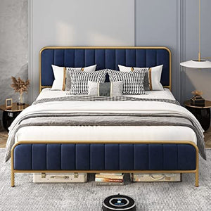 Upholstered Bed Frame with Button Tufted Headboard, Heavy Duty Metal - EK CHIC HOME
