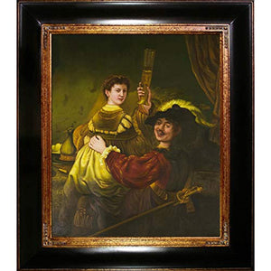 Rembrandt and Saskia in The Parable of The Prodigal Son Framed Oil Reproduction Dark Stained Wood with Gold Trim - EK CHIC HOME