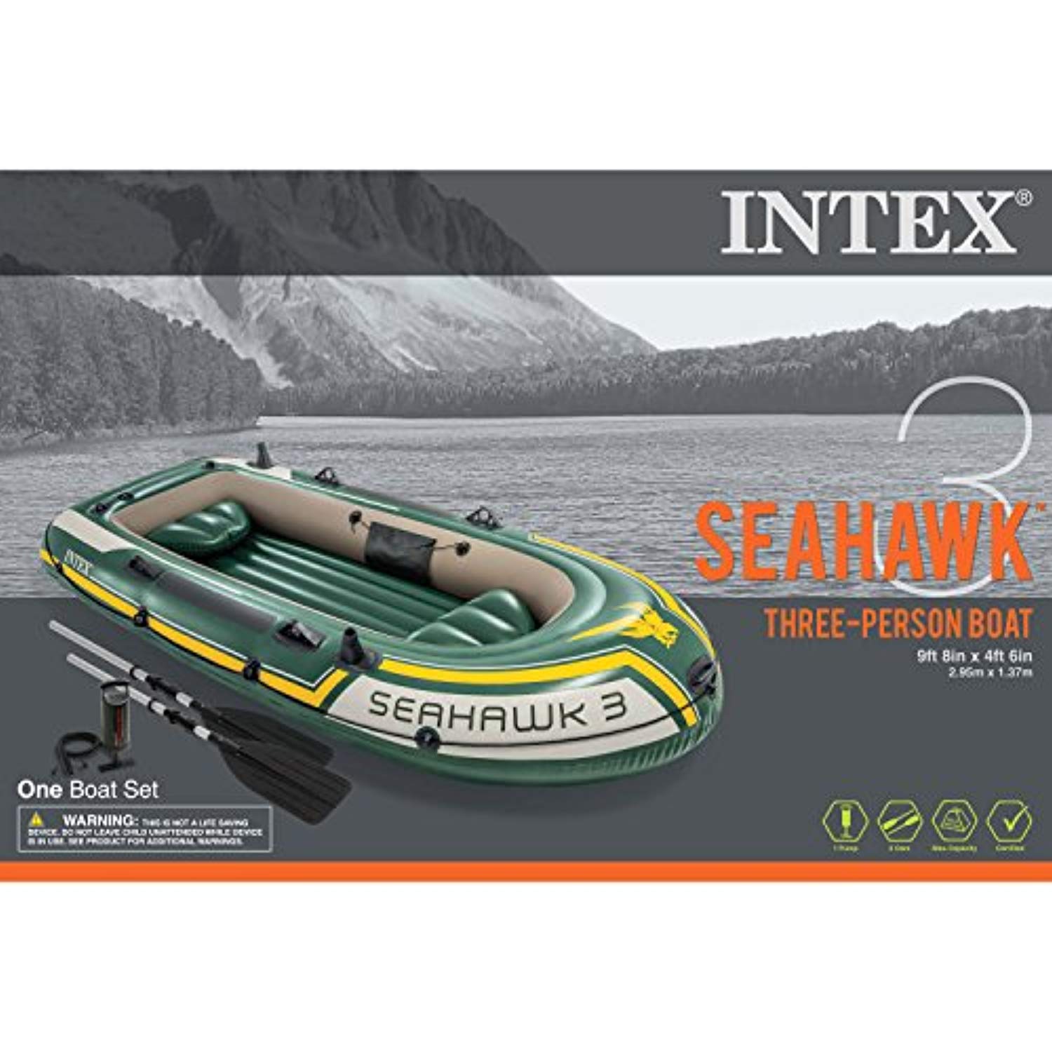 Seahawk 3, 3-Person Inflatable Boat Set with Aluminum Oars and High Ou