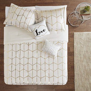 5PCS Ivory/Gold Design Comforter Set, Full/Queen - EK CHIC HOME