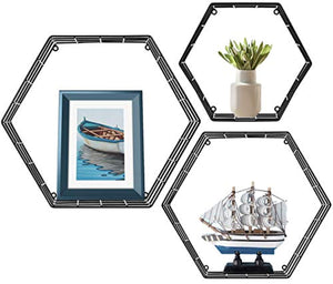 Sorbus Floating Hexagon Shelves - Wall-Mounted Geometric Metal Wall Décor (Metal Hexagon - Black) - EK CHIC HOME