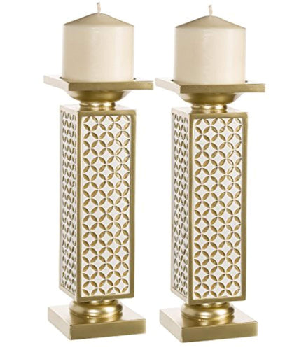 Diamond Lattice Decorative Pillar Candle Holders, Set of 2(Gold & White) - EK CHIC HOME