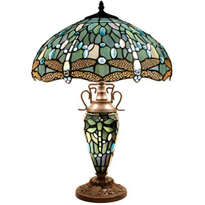 Tiffany Table Lamp 24 Inch Tall 3 Light Pull Chain Sea Blue Stained Glass Dragonfly - EK CHIC HOME