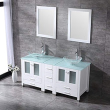 Load image into Gallery viewer, 60” White Bathroom Double Wood Vanity Cabinet with Mirrors Round Tempered Glass Vessel Sink Combo Chrome Faucet Pop-up Drain - EK CHIC HOME