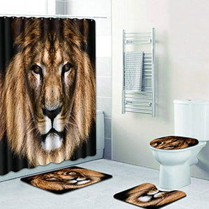 4 Piece Bathroom Set,Animal Lion Waterproof Shower Curtain Non-Slip Contour Rug Toilet Lid Cover and Bath Mat - EK CHIC HOME