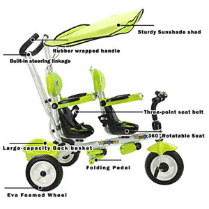 4 in 1 Twins Kids Trike Baby Toddler Tricycle Safety Double Rotatable Seat w/Basket - EK CHIC HOME