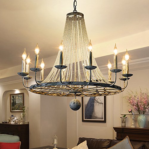 Rustic Vintage Candle Style Crystal Bead Strands Metal Wheel Large Chandelier  (12-Light) - EK CHIC HOME