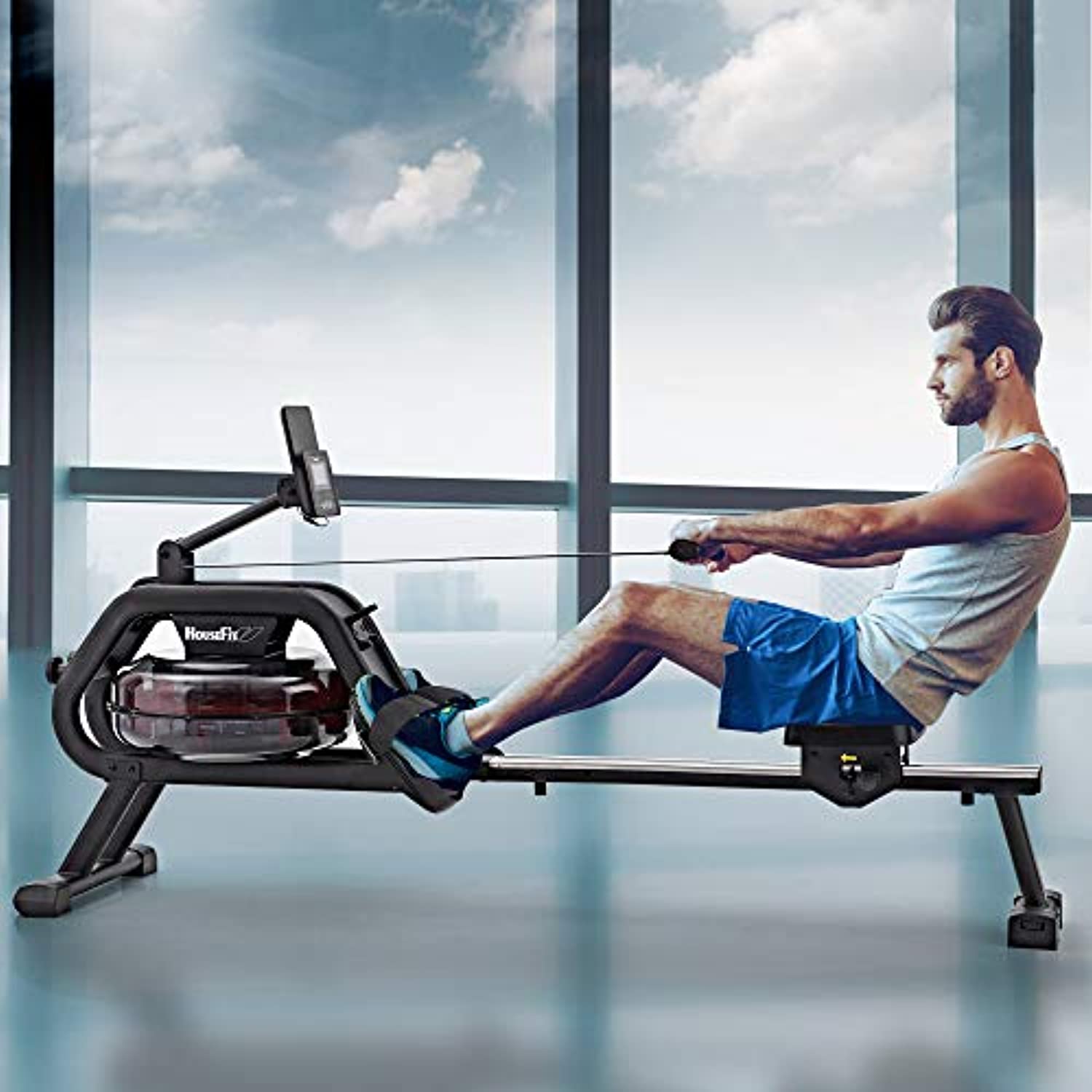 Water Rower Rowing Machine - Exercise with iPad and Phone Support LCD