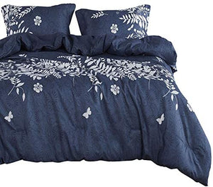 Navy Blue Comforter Set, Gray Floral and Tree Leaves Pattern Printed - EK CHIC HOME