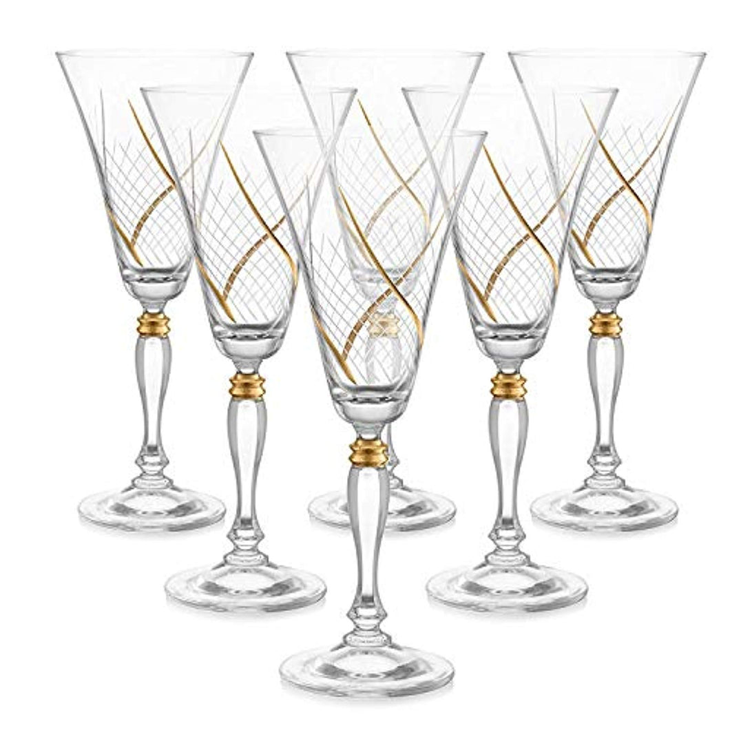 Crystal Set of 6 Handcrafted Bohemian Red Wine Crystal Glasses with Real Gold Detailing - EK CHIC HOME