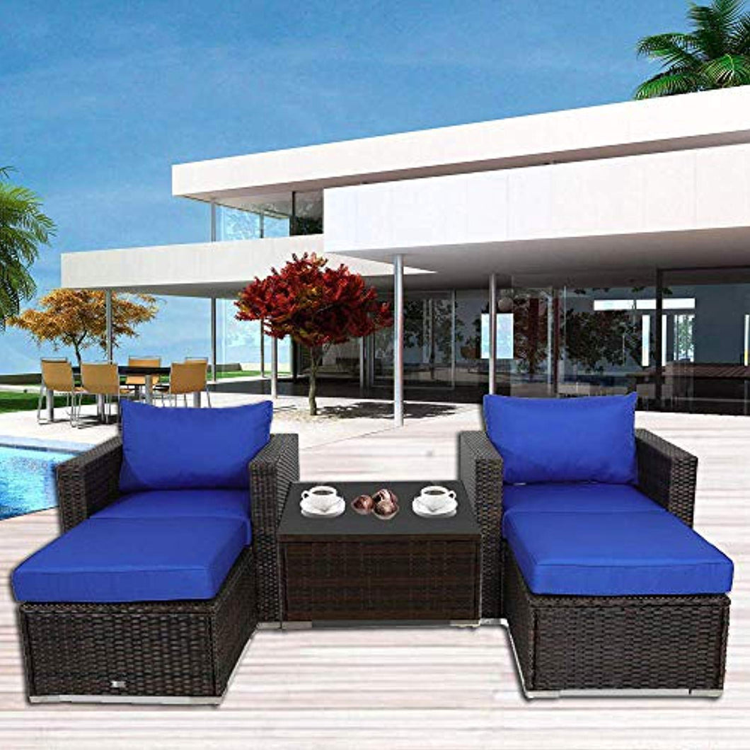 Patio Furniture Sofa 5pcs Brown Rattan Wicker Couch Set Garden Sectional Home Furniture w/Coffee Table Royal Blue Cushion - EK CHIC HOME