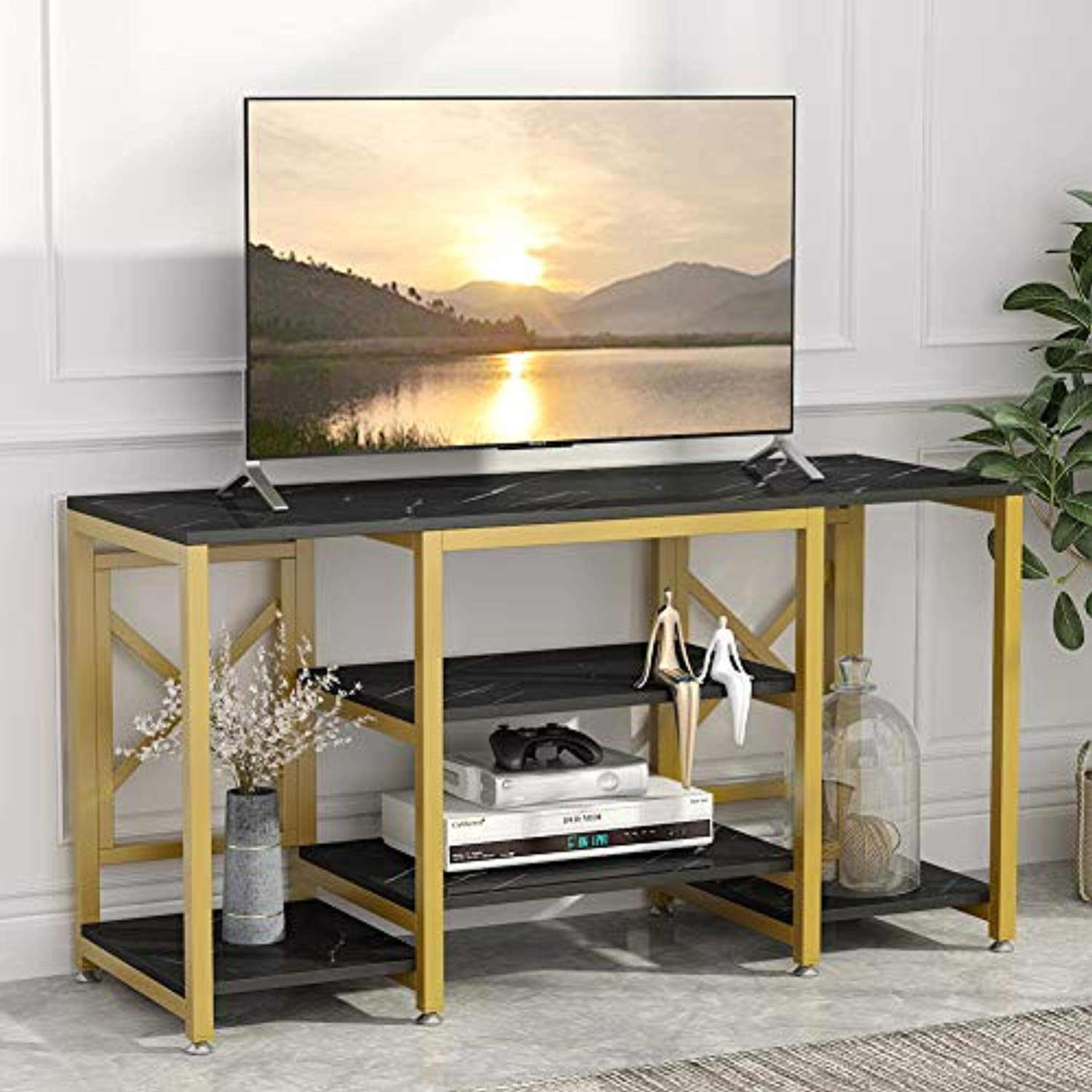 Gold TV Stand Modern Entertainment Center Media Stand 5 Shelf