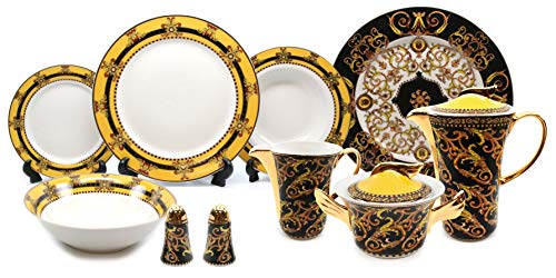 Royalty Porcelain Vintage Yellow 49-pc Dinnerware Set 'Gothic', Premium Bone China - EK CHIC HOME