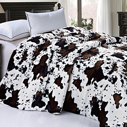 Soft and Thick Faux Fur Sherpa Backing Bed Blanket, Cows Flower, 84