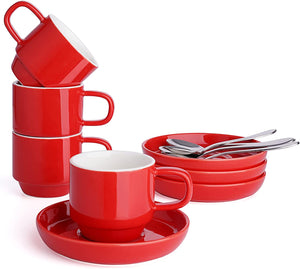 Stackable Espresso Cups with Saucers and Spoons - EK CHIC HOME
