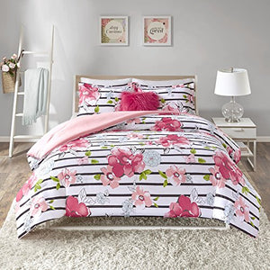 4 Piece (Full/Queen Size) Cute Pink Floral Bed Set with Faux Fur Decorative Pillow - EK CHIC HOME
