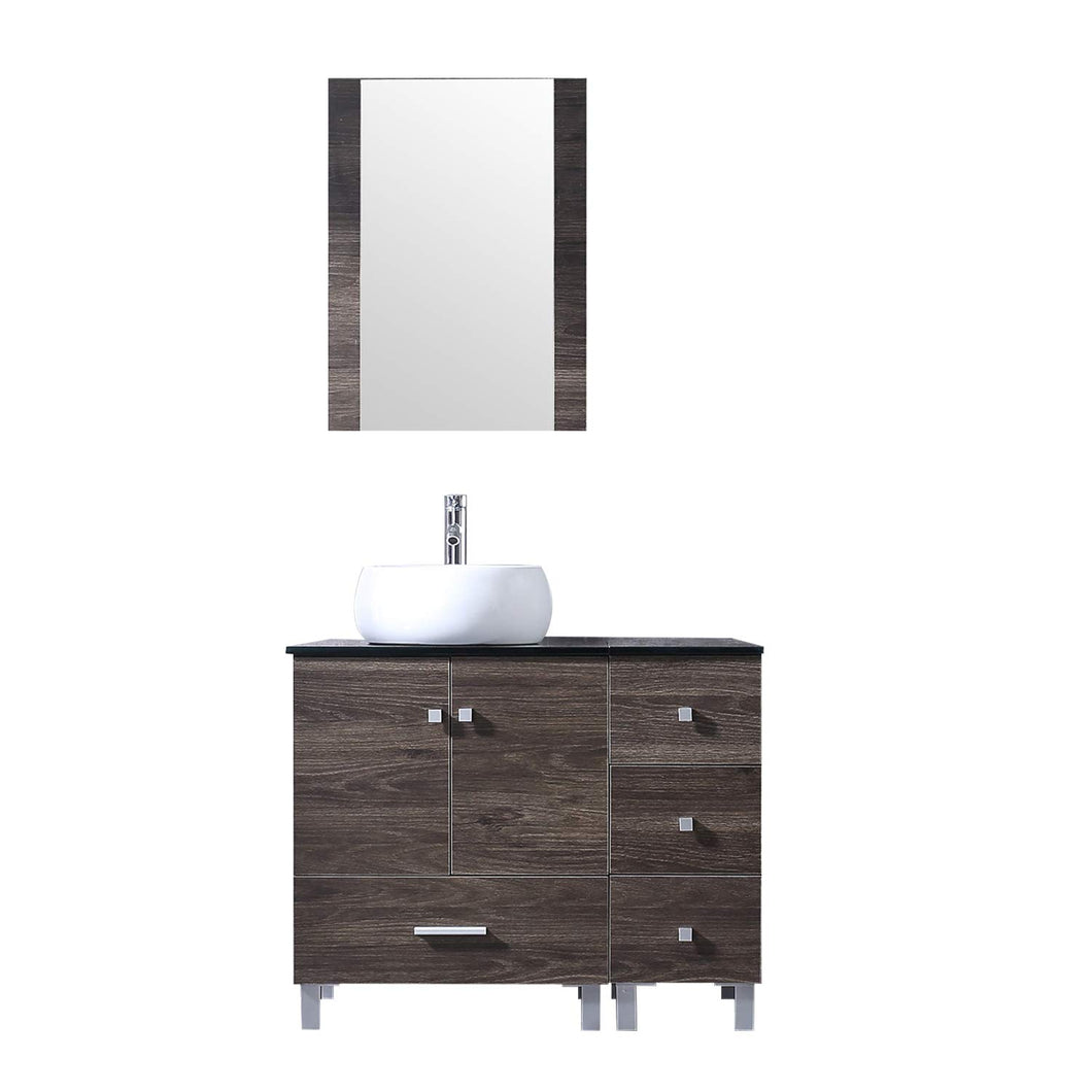 36” Bathroom PLY Wood Vanity Cabinet Top Ceramic Vessel Sink Faucet Drain Combo with Mirror Vanities Set - EK CHIC HOME