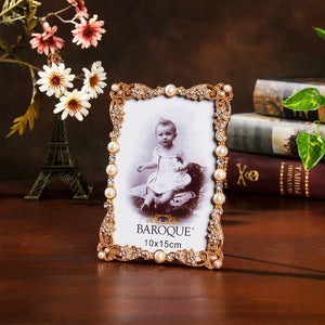 Pearl Crystal Jeweled Metal Photo Frame Retro Vintage Rectangle Picture Frame - EK CHIC HOME