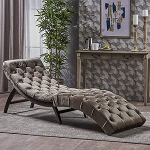 Garamond Tufted Velvet Chaise Lounge, Grey/Dark Brown - EK CHIC HOME