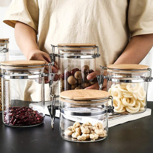 Glass Storage Jar With Clip Seal Wooden Lid ,4PC Set of Airtight - EK CHIC HOME