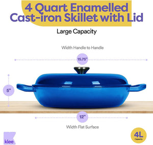 3.8 Quart Blue Casserole Dish with Lid - Enameled Porcelain Coated Cast Iron - EK CHIC HOME
