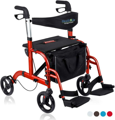 2 in 1 Rollator-Transport Chair w/Paded Seatrest, Reversible Backrest and Detachable Footrests - EK CHIC HOME